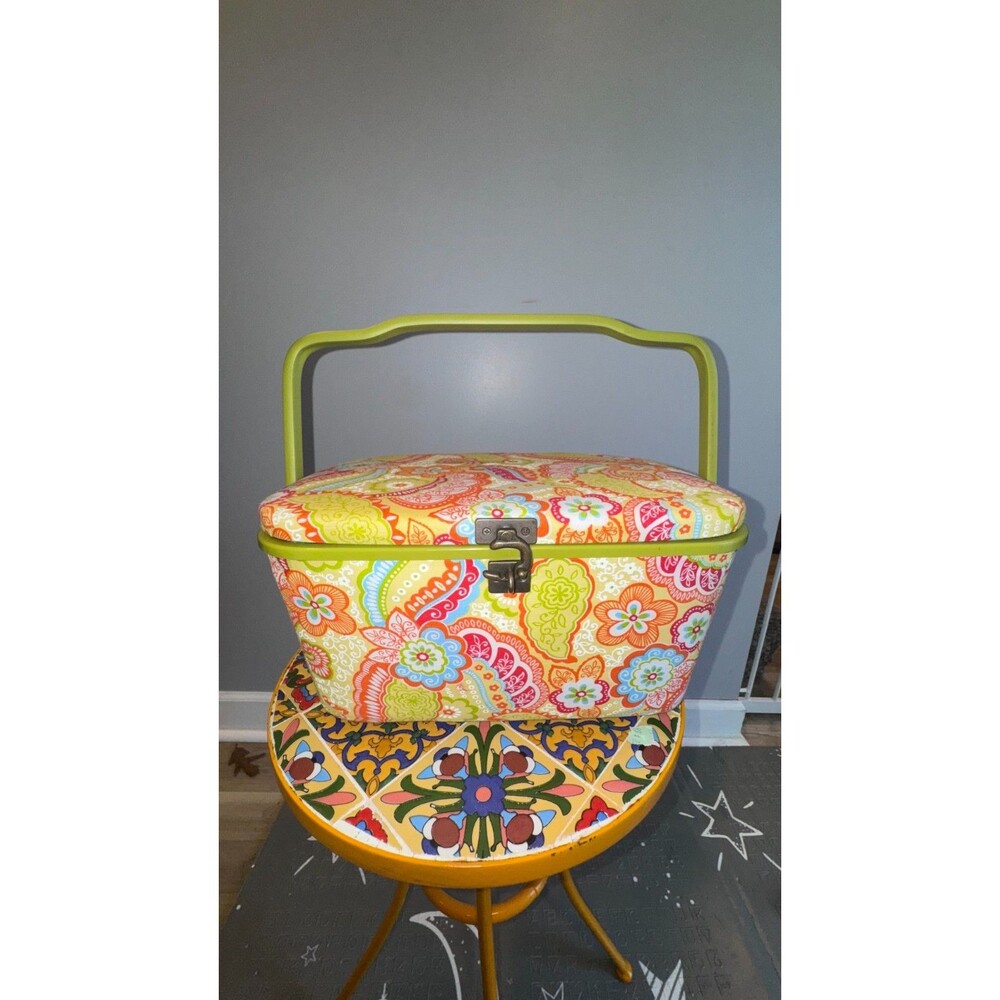Vintage Multicolor Paisley Fabric Sewing Basket Lockable Lid Retro Craft Storage